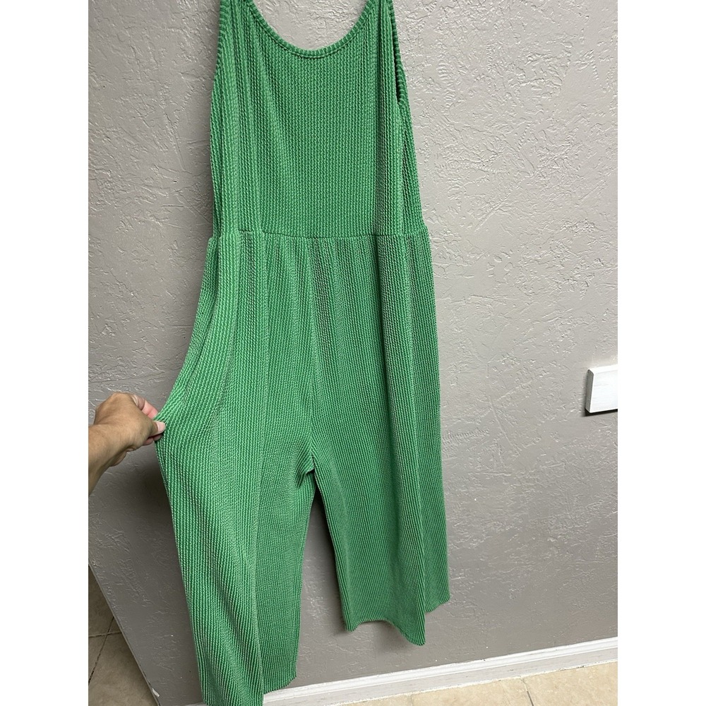 Lovely Melody Solid Green Ribbed Knit Button Front Wide Leg Romper - Picture 4 of 6